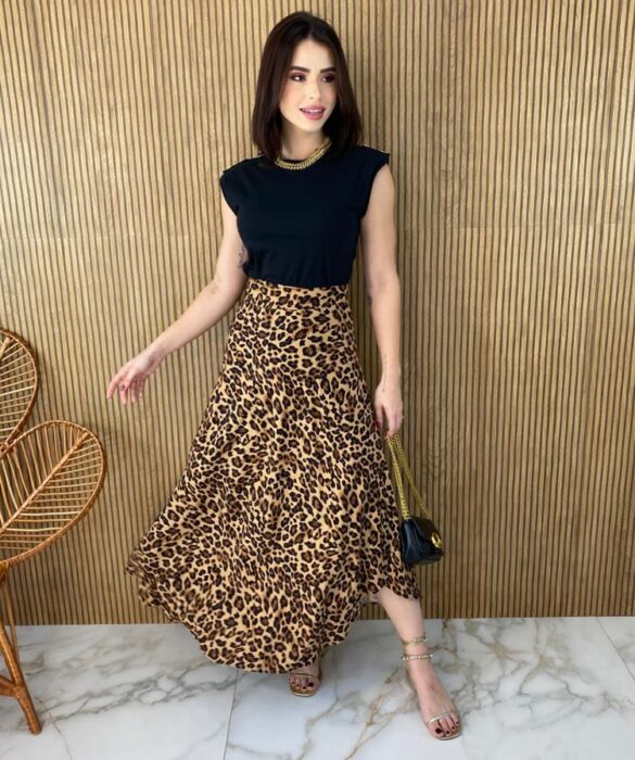 Saia Midi Transpassada com Amarração Mila Estampa Animal Print - Fernanda Ramos Store