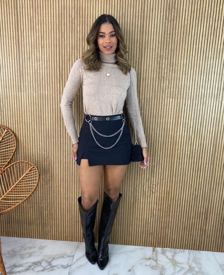 Short Saia Preto de Poliamida - Fernanda Ramos Store