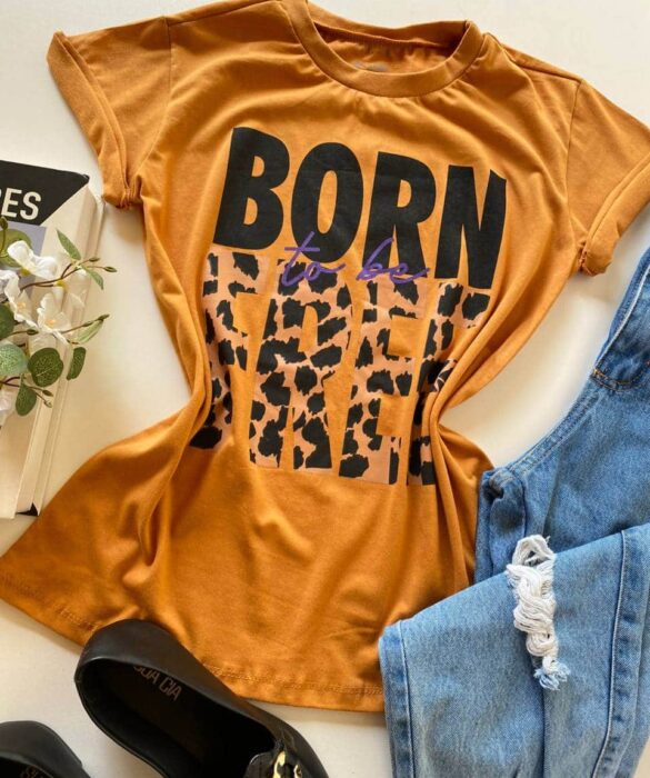 T-shirt Manga Curta Born To Be Free Caramelo - Fernanda Ramos Store