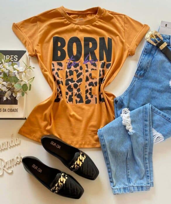 T-shirt Manga Curta Born To Be Free Caramelo - Fernanda Ramos Store