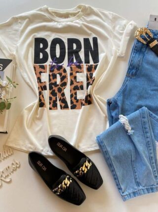 T-shirt Manga Curta Born To Be Free Off White - Fernanda Ramos Store