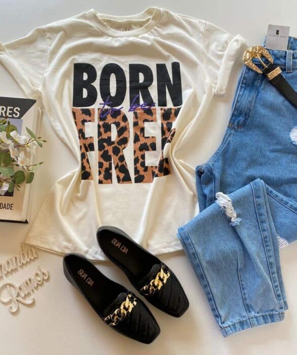 T-shirt Manga Curta Born To Be Free Off White - Fernanda Ramos Store