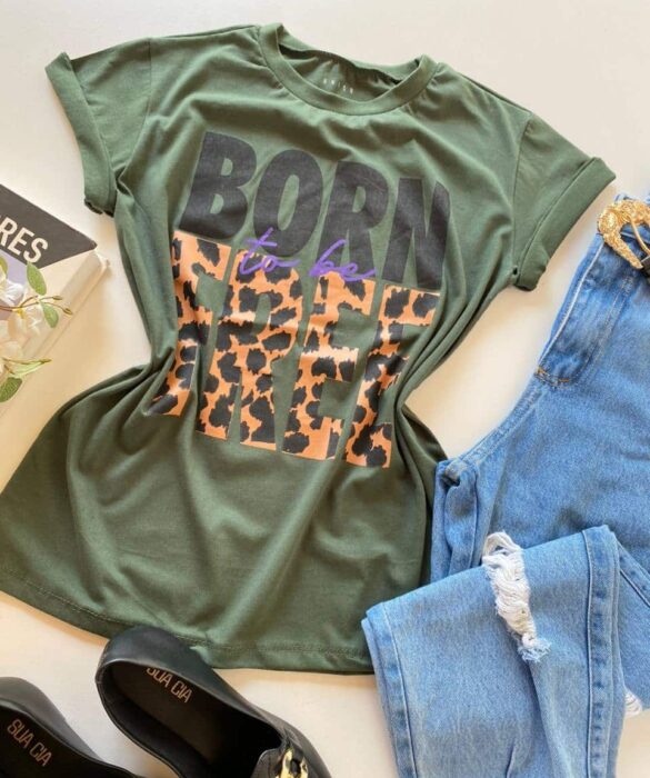 T-shirt Manga Curta Born To Be Free Verde Militar - Fernanda Ramos Store