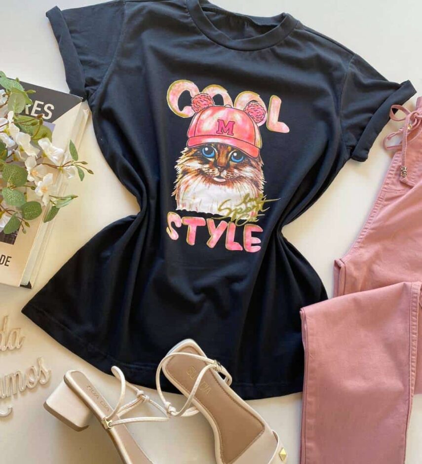 T-shirt Manga Curta Cool Style Estampa Gato Preta - Fernanda Ramos Store