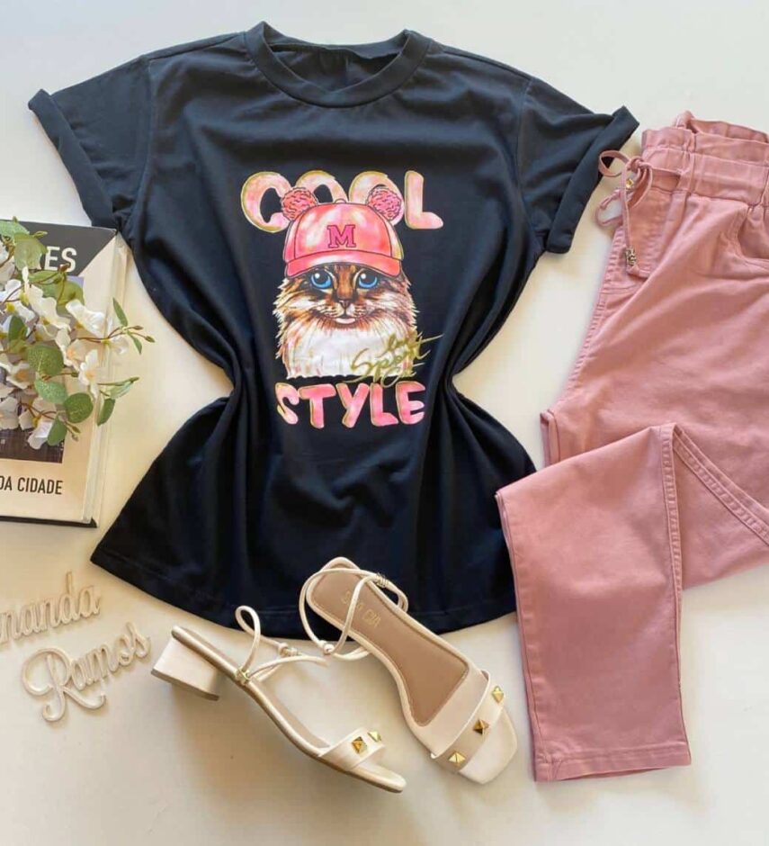 T-shirt Manga Curta Cool Style Estampa Gato Preta - Fernanda Ramos Store