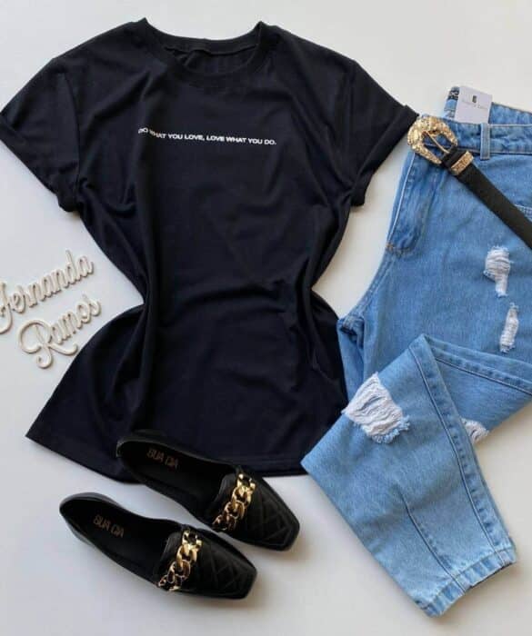 T-shirt Manga Curta Do What You Love Preta - Fernanda Ramos Store