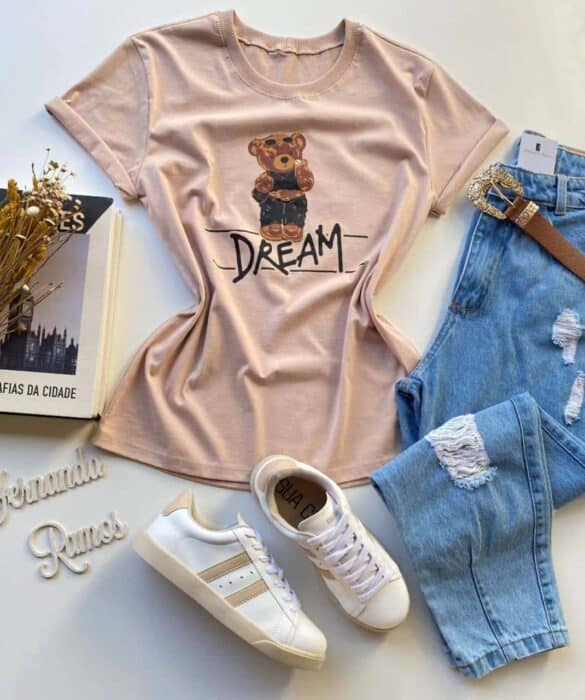 T-shirt Manga Curta Dream Estampa Urso Bege - Fernanda Ramos Store