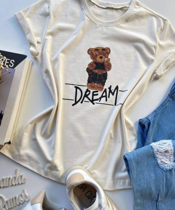 T-shirt Manga Curta Dream Estampa Urso Off White - Fernanda Ramos Store