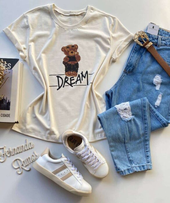 T-shirt Manga Curta Dream Estampa Urso Off White - Fernanda Ramos Store