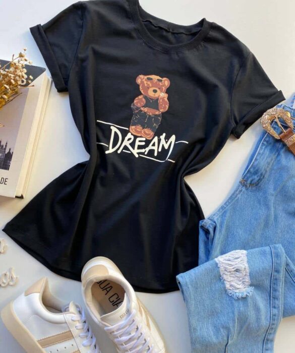 T-shirt Manga Curta Dream Estampa Urso Preta - Fernanda Ramos Store