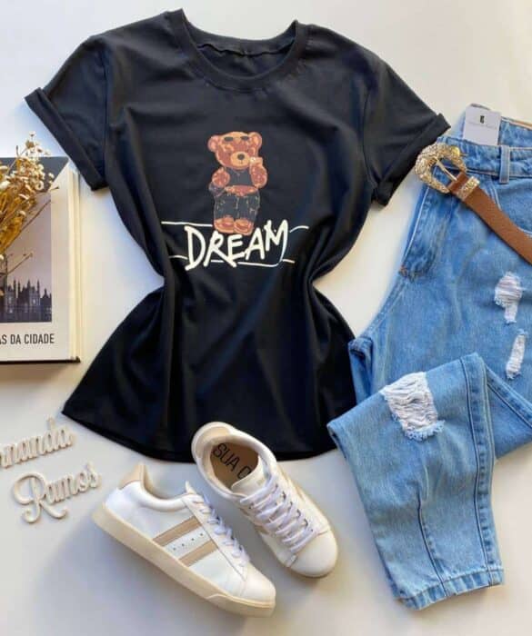 T-shirt Manga Curta Dream Estampa Urso Preta - Fernanda Ramos Store