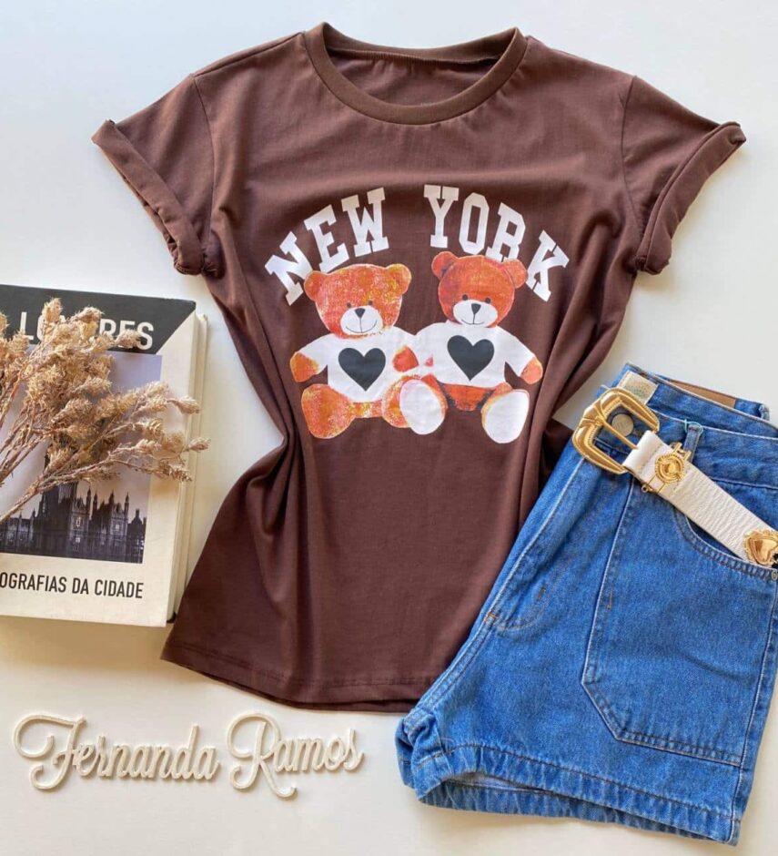 T-shirt Manga Curta New York Estampa Ursos Terra Fernanda Ramos Store