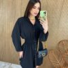 Vestido Curto Manga Longa com Botões e Lastex Preto - Fernanda Ramos Store