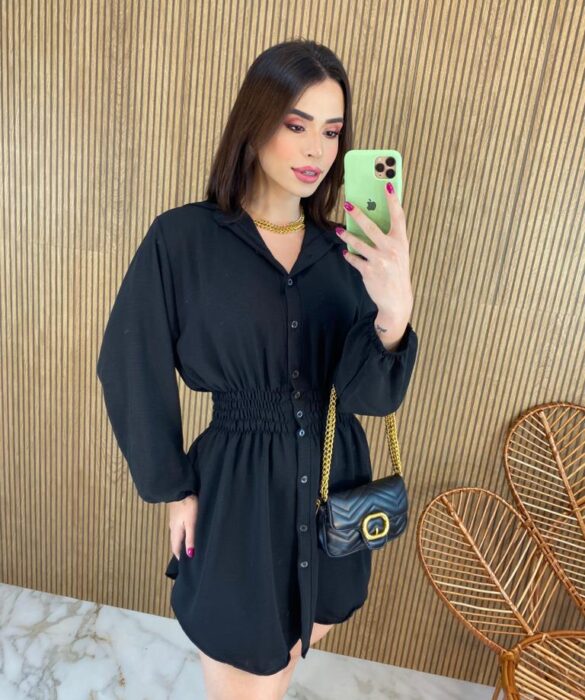 Vestido Curto Manga Longa com Botões e Lastex Preto - Fernanda Ramos Store