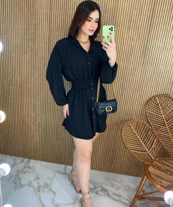 Vestido Curto Manga Longa com Botões e Lastex Preto - Fernanda Ramos Store