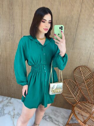 Vestido Curto Manga Longa com Botões e Lastex Verde - Fernanda Ramos Store