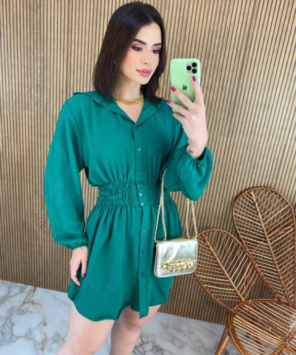 Vestido Curto Manga Longa com Botões e Lastex Verde - Fernanda Ramos Store