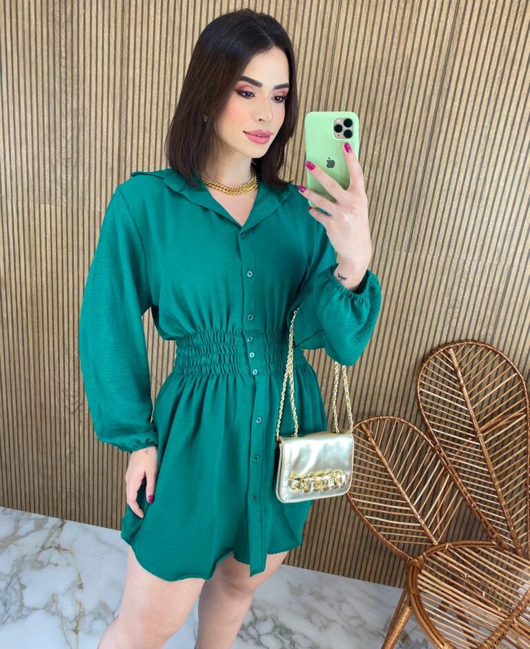 Vestido Curto Manga Longa com Botões e Lastex Verde - Fernanda Ramos Store