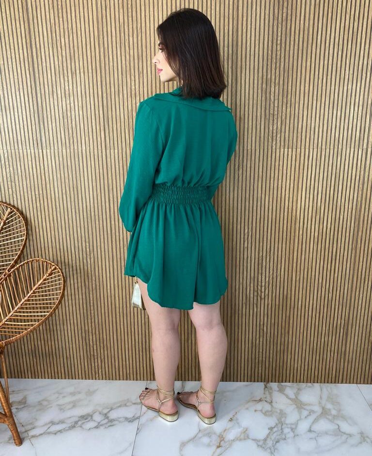 Vestido Curto Manga Longa com Botões e Lastex Verde - Fernanda Ramos Store