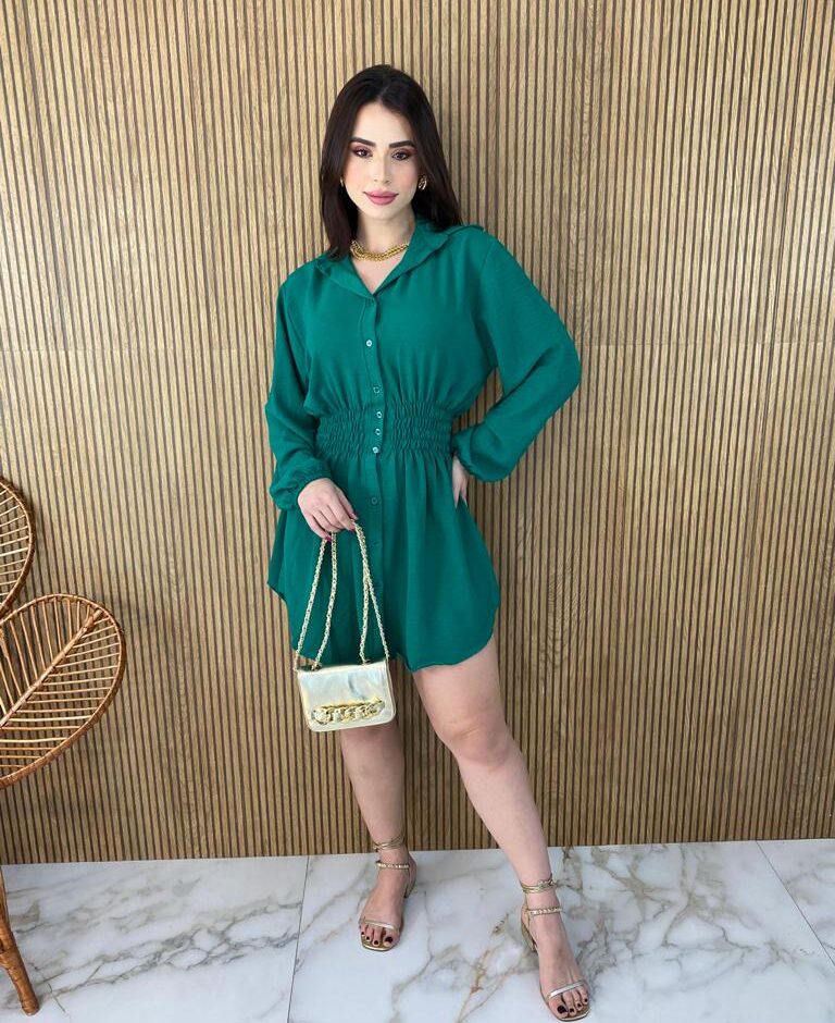Vestido Curto Manga Longa com Botões e Lastex Verde - Fernanda Ramos Store