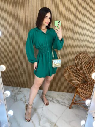 Vestido Curto Manga Longa com Botões e Lastex Verde - Fernanda Ramos Store