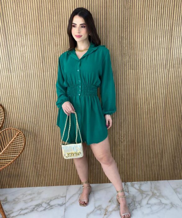 Vestido Curto Manga Longa com Botões e Lastex Verde - Fernanda Ramos Store