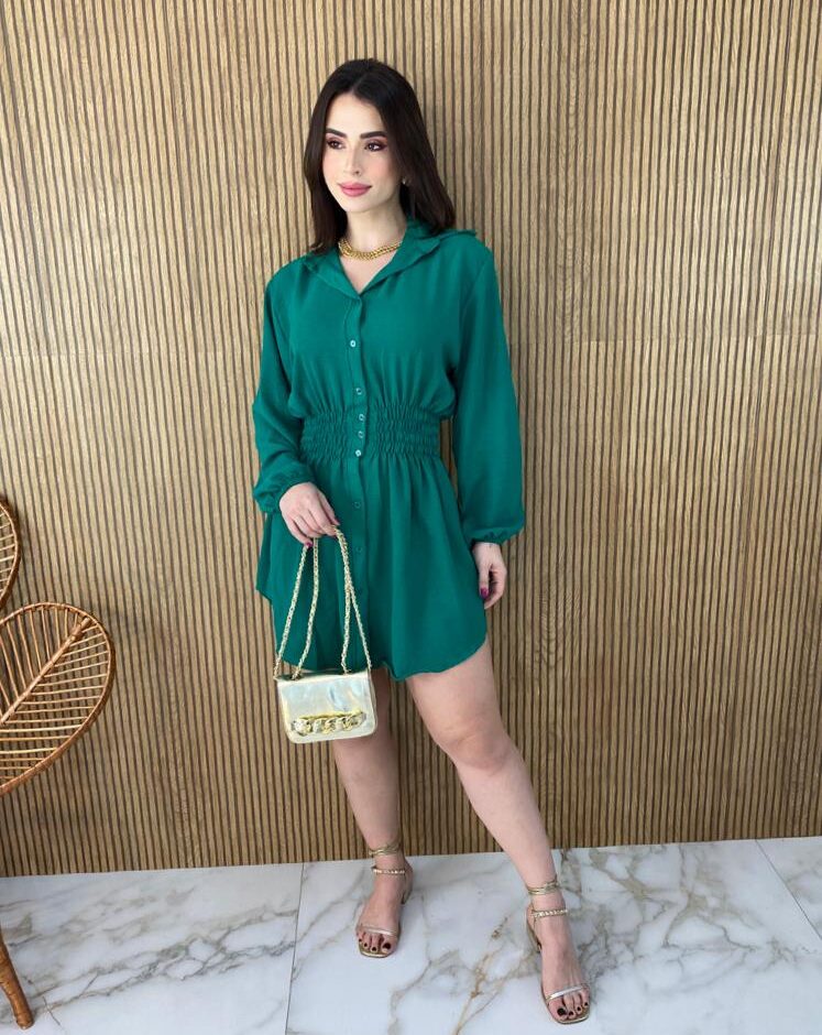 Vestido Curto Manga Longa com Botões e Lastex Verde - Fernanda Ramos Store