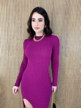 Vestido Curto Manga Longa Tricot com Fenda Lívia Fúcsia - Fernanda Ramos Store