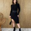 Vestido Curto Manga Longa Tricot com Fenda Lívia Preto - Fernanda Ramos Store