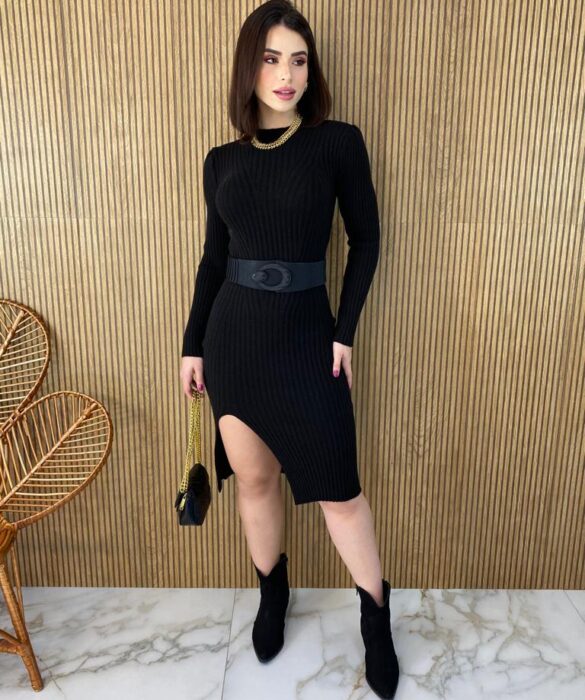 Vestido Curto Manga Longa Tricot com Fenda Lívia Preto - Fernanda Ramos Store