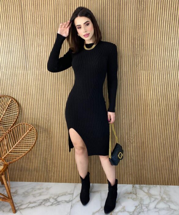 Vestido Curto Manga Longa Tricot com Fenda Lívia Preto - Fernanda Ramos Store