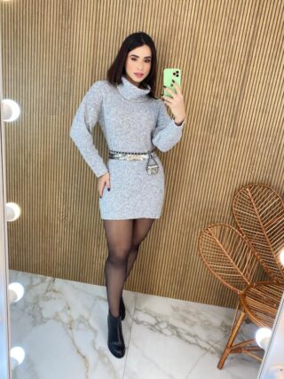 Vestido Curto Manga Longa Tricot Gola Alta Elisa Cinza - Fernanda Ramos Store