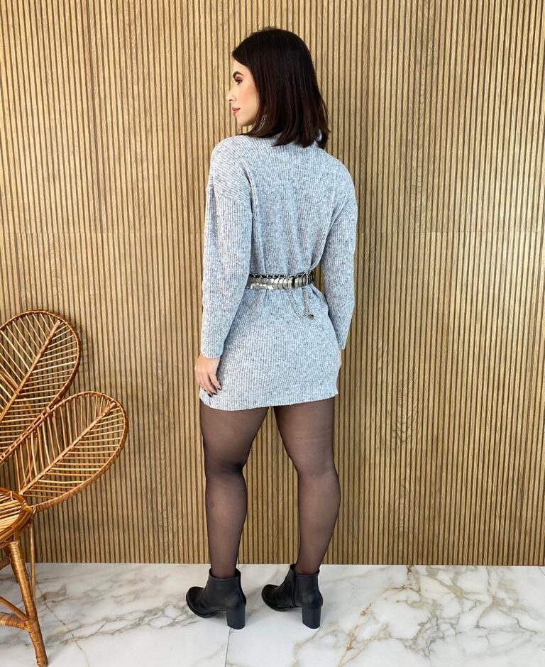 Vestido Curto Manga Longa Tricot Gola Alta Elisa Cinza - Fernanda Ramos Store