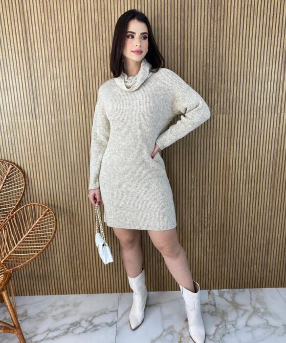 Vestido Curto Manga Longa Tricot Gola Alta Elisa Mesclado - Fernanda Ramos Store