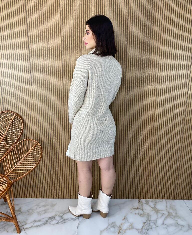 Vestido Curto Manga Longa Tricot Gola Alta Elisa Mesclado - Fernanda Ramos Store