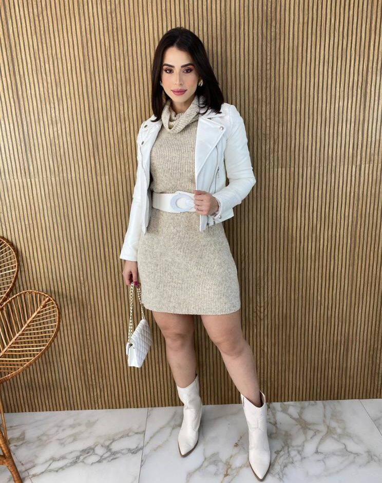Vestido Curto Manga Longa Tricot Gola Alta Elisa Mesclado - Fernanda Ramos Store