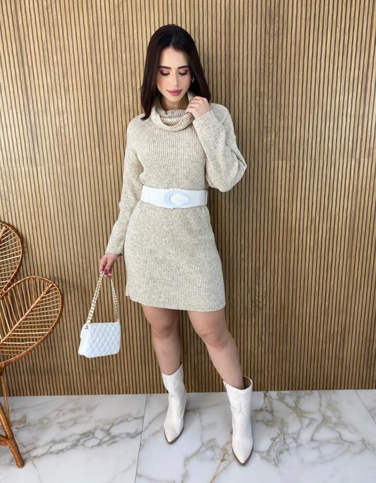 Vestido Curto Manga Longa Tricot Gola Alta Elisa Mesclado - Fernanda Ramos Store