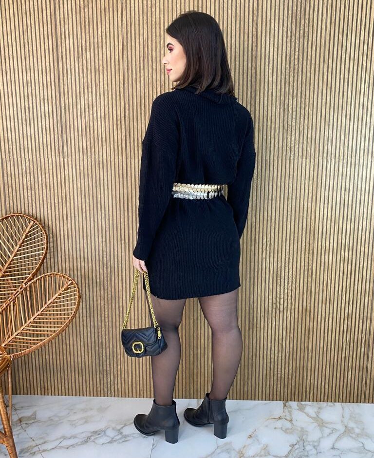 Vestido Curto Manga Longa Tricot Gola Alta Elisa Preto - Fernanda Ramos Store