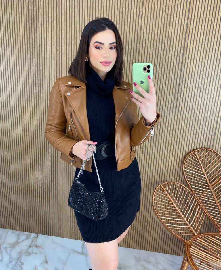 Vestido Curto Manga Longa Tricot Gola Alta Elisa Preto - Fernanda Ramos Store
