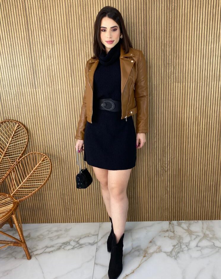 Vestido Curto Manga Longa Tricot Gola Alta Elisa Preto - Fernanda Ramos Store