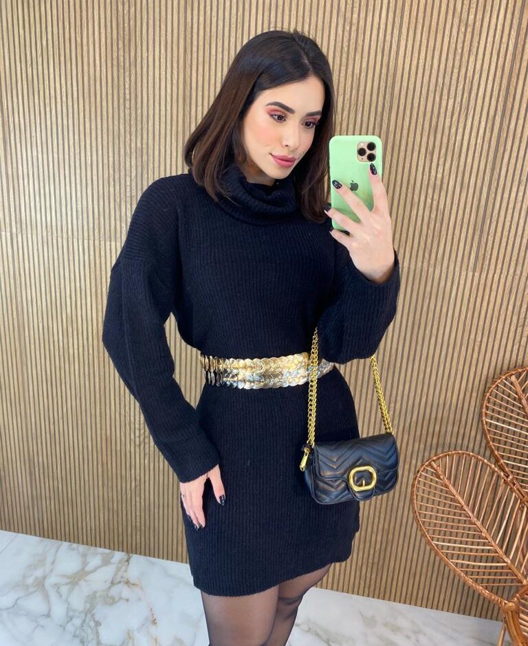 Vestido Curto Manga Longa Tricot Gola Alta Elisa Preto - Fernanda Ramos Store
