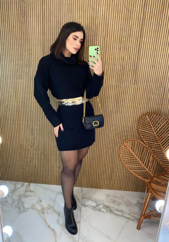 Vestido Curto Manga Longa Tricot Gola Alta Elisa Preto - Fernanda Ramos Store