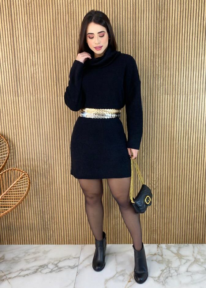 Vestido Curto Manga Longa Tricot Gola Alta Elisa Preto - Fernanda Ramos Store