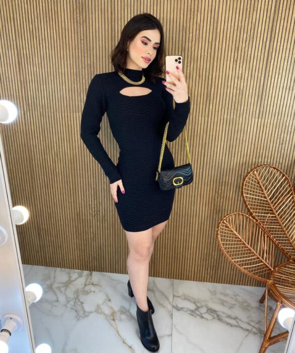 Vestido Curto Manga Longa Tricot Modal Maisa Preto - Fernanda Ramos Store