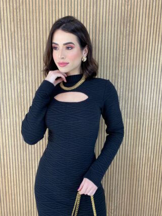 Vestido Curto Manga Longa Tricot Modal Maisa Preto - Fernanda Ramos Store