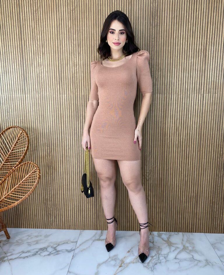 Vestido Curto Manga Princesa sem Bojo Modal Bege - Fernanda Ramos Store