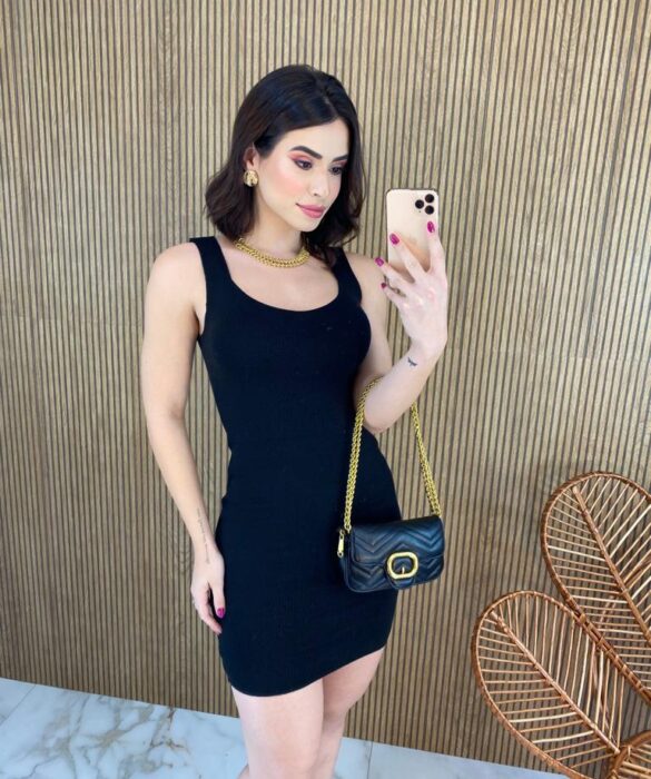 Vestido Curto Tricot Modal Alça Grossa Maite Preto - Fernanda Ramos Store