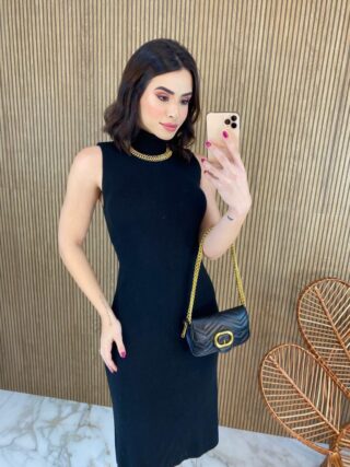 Vestido Feminino Midi Tricot Manu com Gola Preto - Fernanda Ramos Store