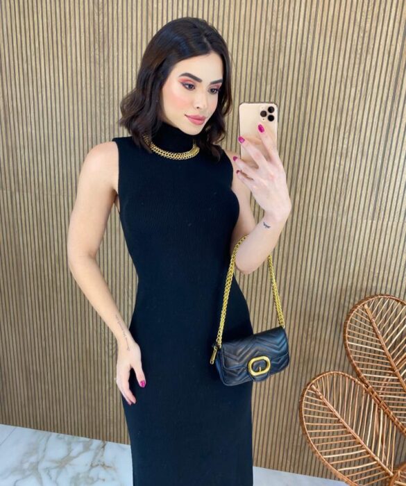 Vestido Feminino Midi Tricot Manu com Gola Preto - Fernanda Ramos Store