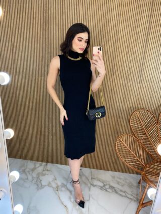 Vestido Feminino Midi Tricot Manu com Gola Preto - Fernanda Ramos Store